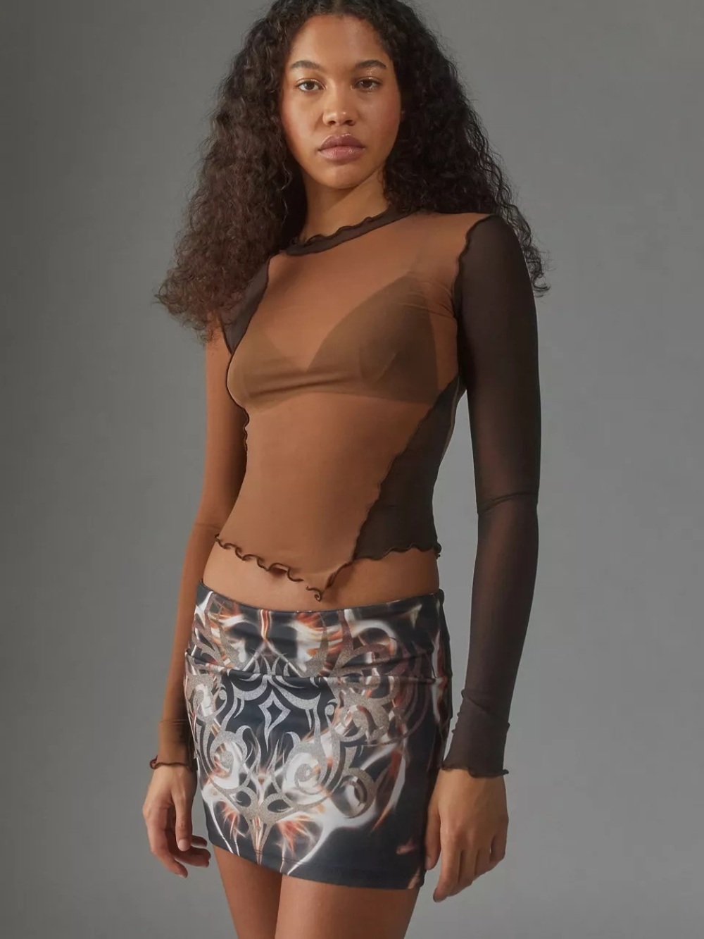 Brown Mesh Asymmetrical Patchwork Top